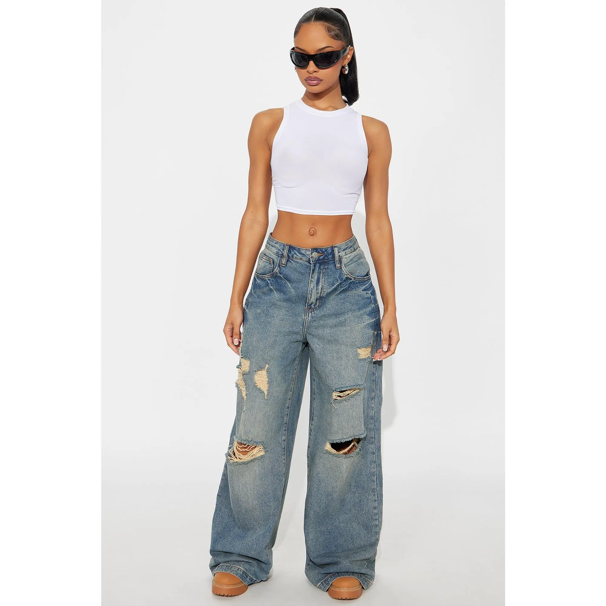 Sunset Avenue Ripped Wide Leg Jeans - Vintage Wash