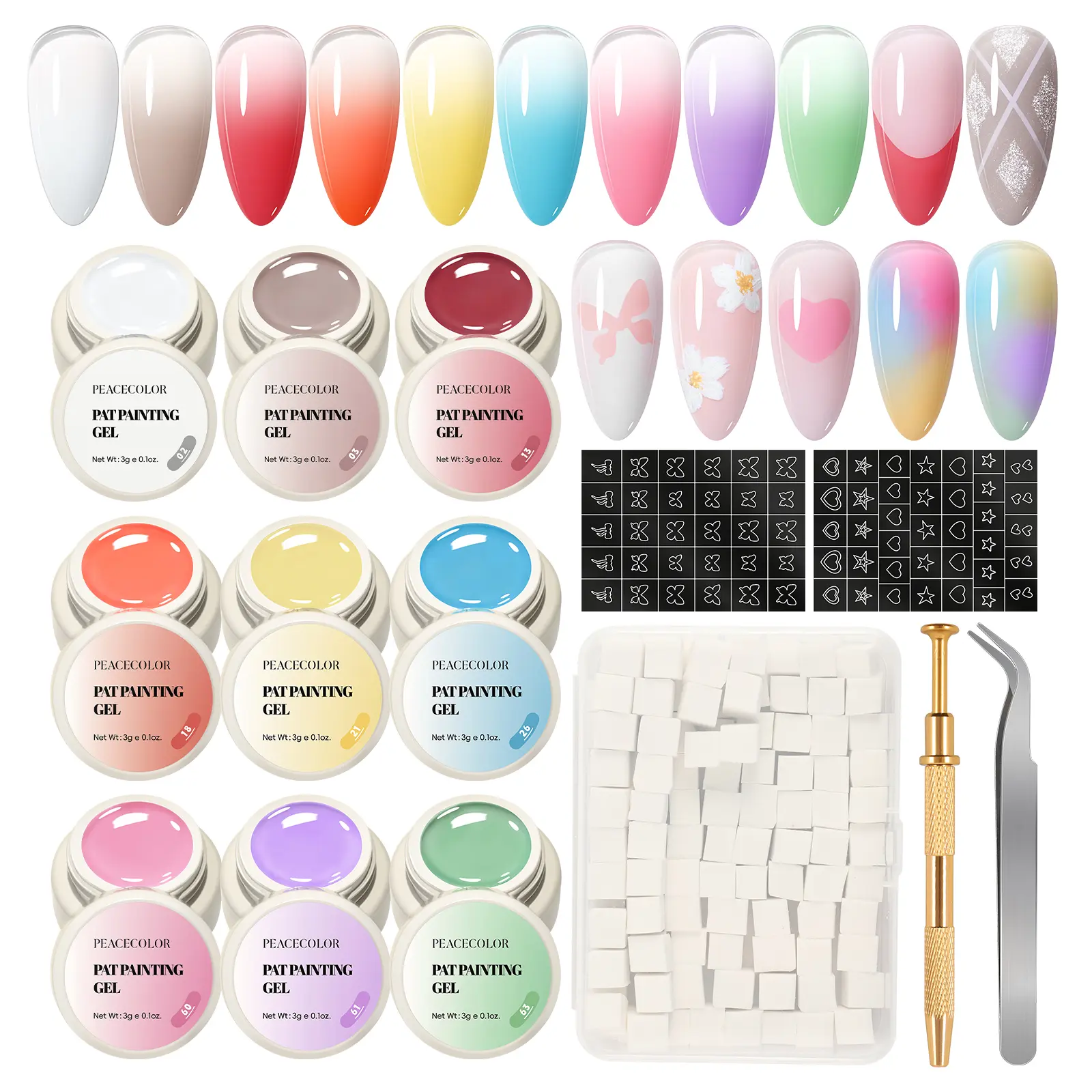 PEACECOLOR Patting Gel Polish Bright Colors Pat Pat Gel Nail Polish with Nail Sponges French Manicure Soak Off U V Set Home DIY Beauty Gift Sets Pat Painting Gel Salon