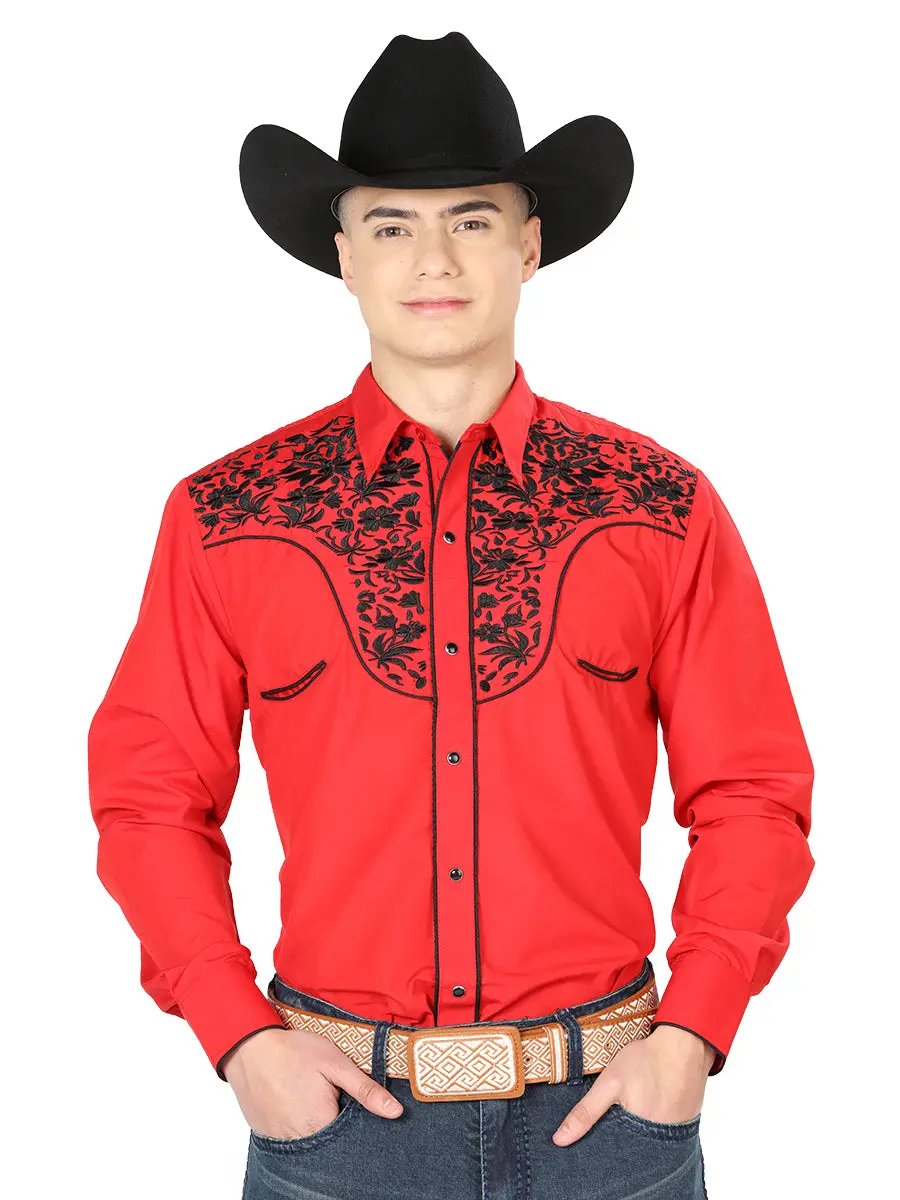 El General Men's Traditional Embroidered Western Charro Shirt - Red/Black 43298