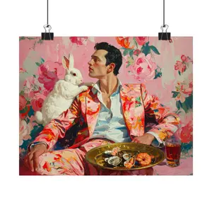 Elegant Man & Rabbit Poster Print | Whimsical Fashion Wall Art | Matte Botanical Home Decor | 8x10, 11x14, or 16x12 Gift Floral
