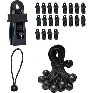 40 count Tent Heavy Duty Lock Grip Clips with Ball  Elastic Ropes. Durable Outdoor Camping Hiking Tarp Clamps, Hold Down Shade Cloth Clips, Awning Tarp Clamps for Canopy Fasteners (Black).