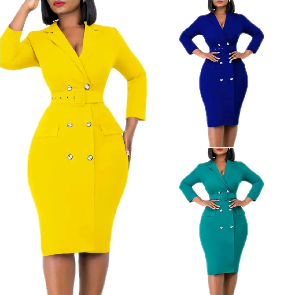 Dress Suit Collar Solid Color Casual Women Dresses in Vibrant Yellow Blue & Green