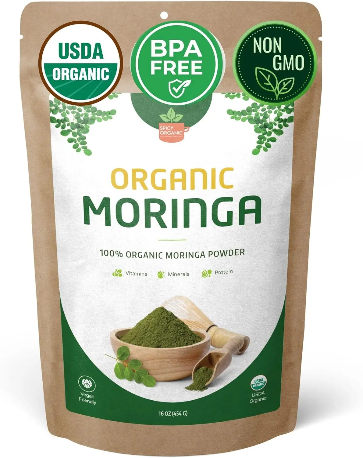 SPICY Organic Moringa Leaf Powder, USDA Certified Organic, 16 oz Resealable Pouch, Vegan, Non-GMO, Gluten-Free, for Smoothies, Tea & Cooking