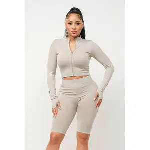 SculptFlex Seamless Zip Up Jacket And Biker Shorts Set For Active Women With Open Thumb Holes