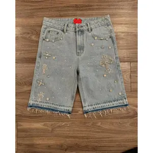 Y2K Gothic Diamond Cross Embroidery Denim Shorts American Retro Blue Gym Shorts Rhinestone Streetwear Hip Hop Men Women Jorts(Raincoats)