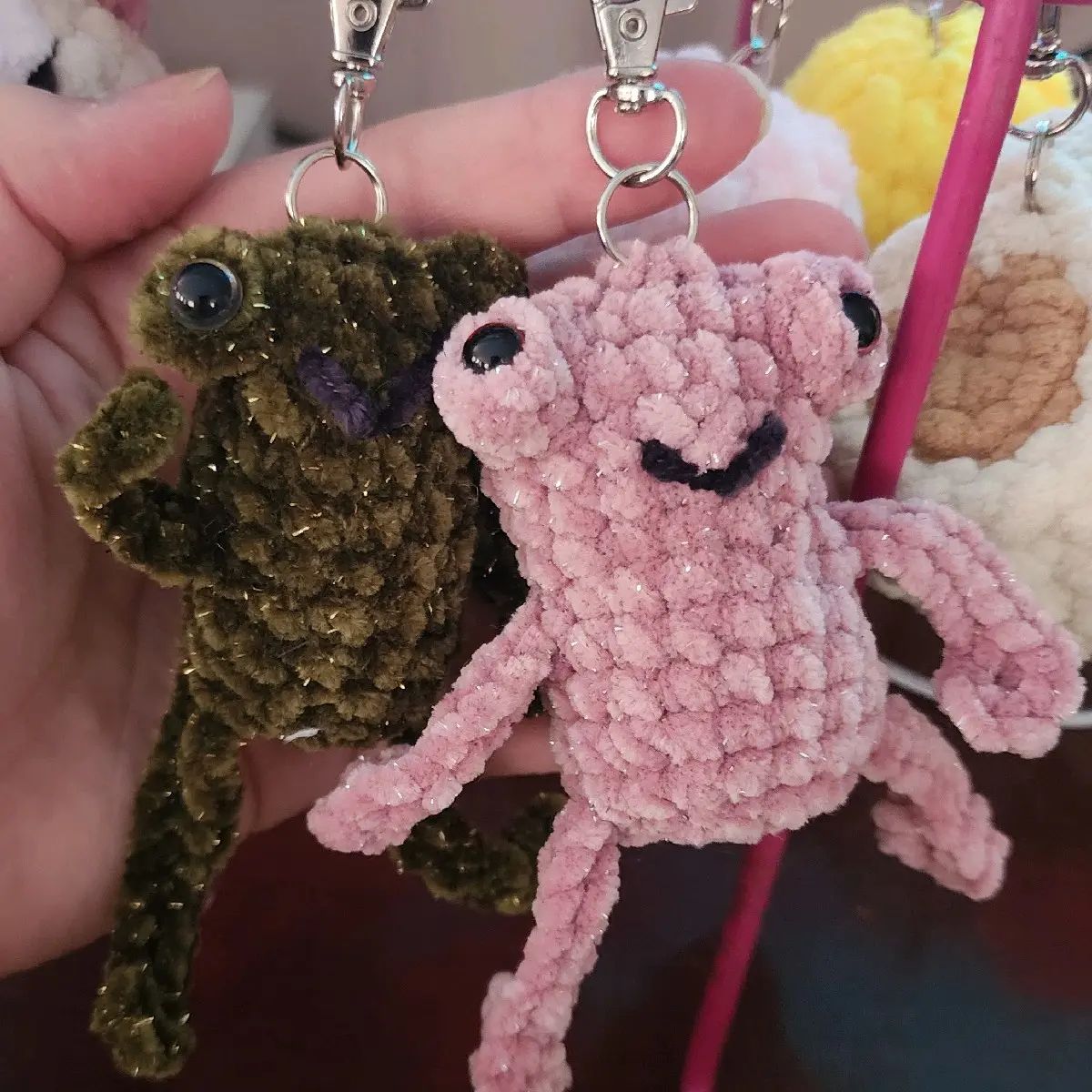 Crocheted chubby leggie froggie keychain