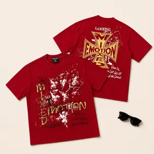 Mixed Emotion Red Washed Graphic Tee Unisex Oversized Streetwear Shirt Y2K Vintage Distressed Print Grunge Punk Hip Hop Skater Loose Fit Summer Outfit TikTok Viral Hype Drip Fashion