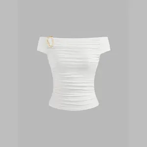 Cider [size 2-26] Off-shoulder Solid Ruched Buckle Short Sleeve Top