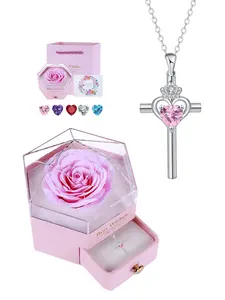 Crown Cross Heart Necklace With Hexagon Rose Jewelry Gift Box, Love and Faith CZ Birthstone Cross Necklace for Women, Birthday Valentine's Day Jewelry Gift for Wife Girlfriend Mom Daughter, Heart Shaped Necklace, Cross Charm Necklace