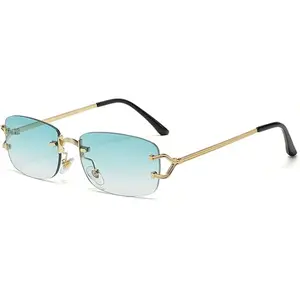 Unisex Vintage Rimless Gradient Lens Sunglasses Slim Gold Metal Arm Trendy Luxury Vacation Sun Glasses