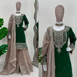 Indian Women's Attire - Green Dress with Dupatta & Embroidered Detail, Casual & Womenswear, Model with Headpiece