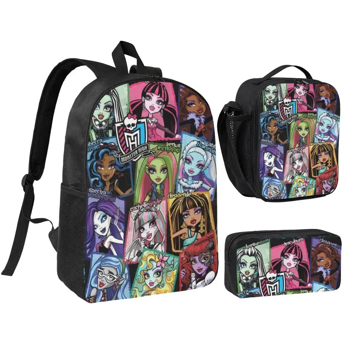 3-Pcs Monster high Backpack Set Monster high dolls Travel Backpack And Lunch Box And Pencil Bag Monster high doll lightweight travel backpack for camping, picnic, commuting office, perfect birthday, party, holiday gift