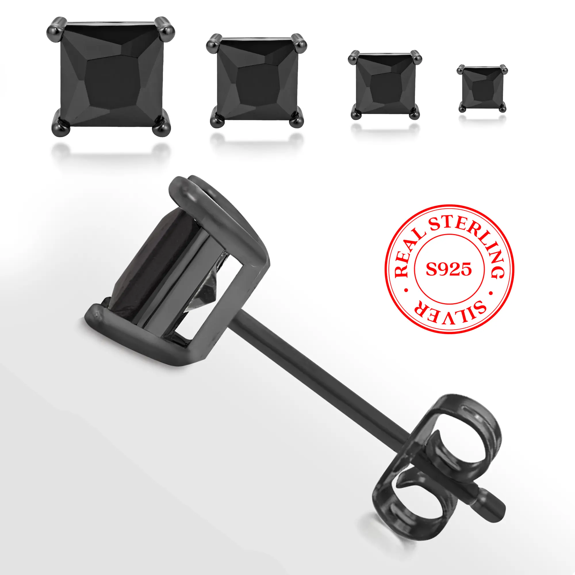 [Unisex Earring] KEZEF Square Post Basket Sterling Silver Black Cubic Zirconia Stud Earrings Men Women Gift | 3-8mm CZ Stone Fashion Jewelry
