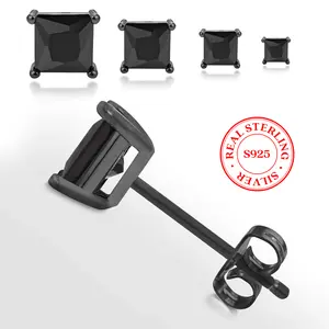 [Unisex Earring] KEZEF Square Post Basket Sterling Silver Black Cubic Zirconia Stud Earrings Men Women Gift | 3-8mm CZ Stone Fashion Jewelry