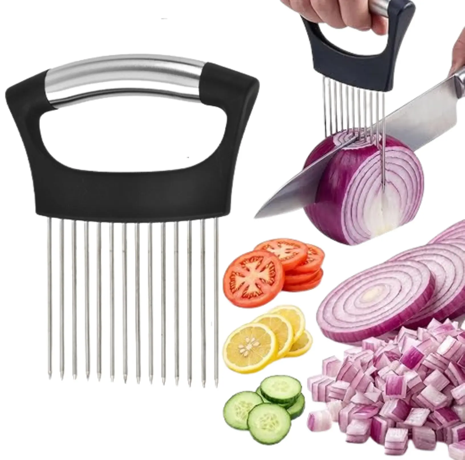 304 Stainless Steel Onion Holder for Slicing, Onion Slice Holder with 14 Long Needles, Vegetable Chopper & Food Slicing Guide for Onions, Tomatoes, Potatoes and More