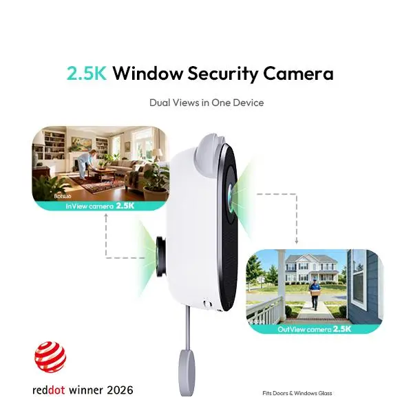 BOTSLAB 4MP Dual-Lens Wireless Indoor Window Camera - No-Drill Smart Gadget, 2560 x 1440 TrueColor Night Vision, Anti-Glare, AI Detect, 24/7 Recording, App Alerts, 5GHz-2.4GHz Wi-Fi, Easy Install, Door Glass Fit, Security Systems, Window Cameras For Home