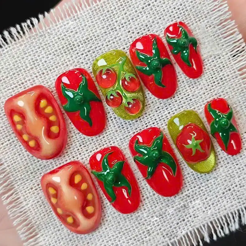 Handmade Red Tomato Soft Gel Press-On Nails, Reusable Set for Nail Art Decoration & Personal Care