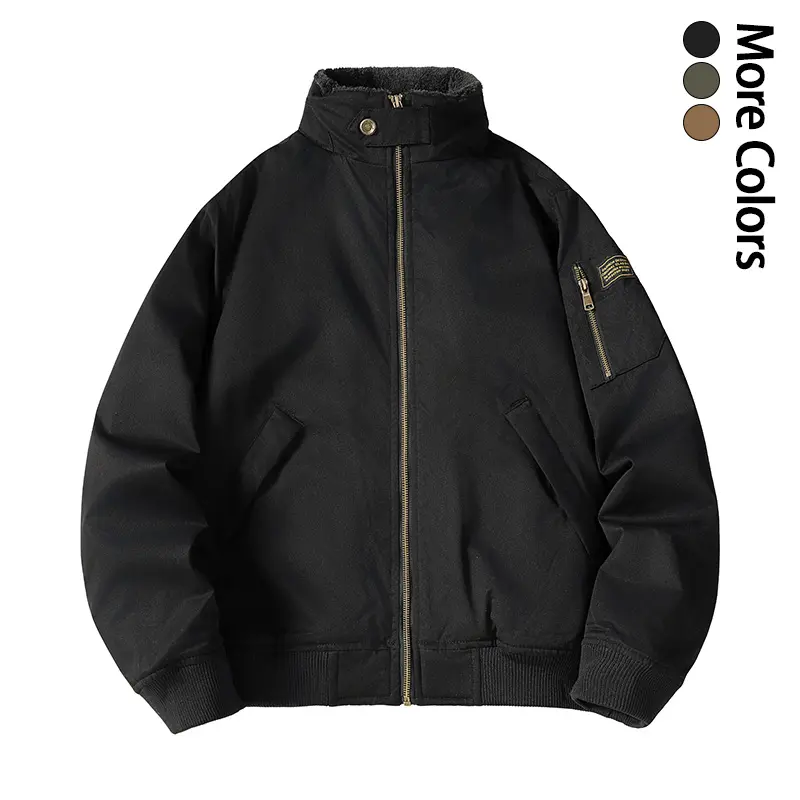 Men’s winter fleece-lined aviator jacket with stand collar, full zipper closure, warm military-style casual outerwear with multiple pockets, vintage aviator jacket for everyday wear