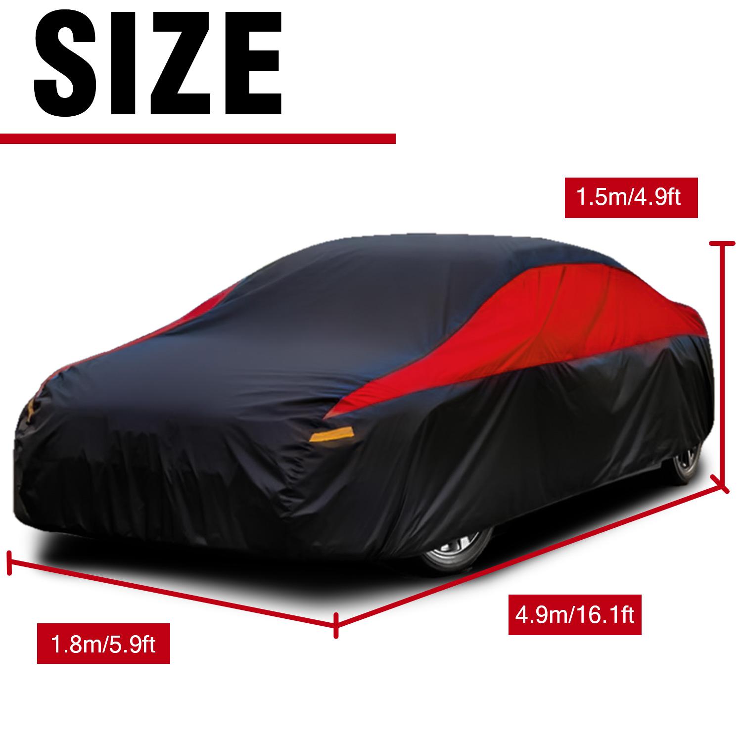 Universal Car Cover for Sedan - UV Protection, Waterproof, Breathable, Scratch-Resistant, Black and Red, Suitable for Outdoor Parking Strap, All Weather Industrial