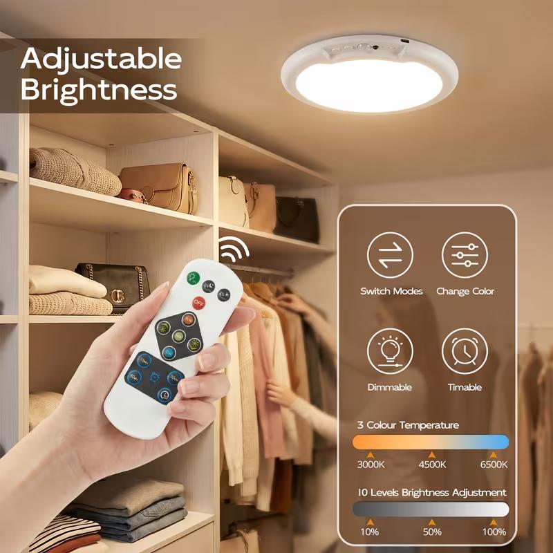 [summervibes]Magnetic Ceiling Light, Rechargeable LED Ceiling Light with Remote Control, 3 Adjustable Color Temperatures 3000K/4500K/6500K, 10 Brightness Levels, Motion Sensor Cabinet Light, Suitable for Shower Room, Bathroom, Porch, Bedroom,, Dimmable La