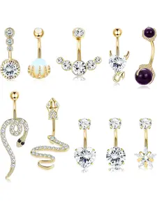 10 Pcs Golden Brilliant Surgical Steel Copper Belly Button Rings for Women Men Body Piercing Jewelry Set Exquisite Navel Rings 14G Hypoallergenic Snake Heart Star Skull Hand with Opal Clear CZ Navel Rings
