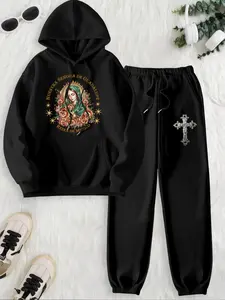 Two-piece Set Women's Virgin Mary Print Thermal Lined Hoodie &  Cross Print Sweatpants, Fashion Casual Drawstring Pocket Hooded Sweatshirt & Elastic Waist Trousers for Daily Outdoor Wear, Women's Clothing for Fall & Winter
