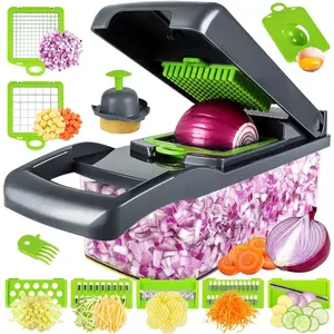 14-in-1 Vegetable Chopper Pro Onion Chopper Fruit Slicer Dicer Cutter with 9 Interchangeable Blades Stainless Steel Blades Carrot Garlic Chopper with Container for Kitchen Utensils