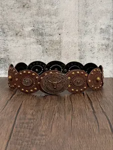 Women's Western Cowboy Style Wide Belt, PU Leather Patchwork, Antique Copper Rivets, Bohemian Carved Bull Head Buckle, Cowboy Cowgirl Belt