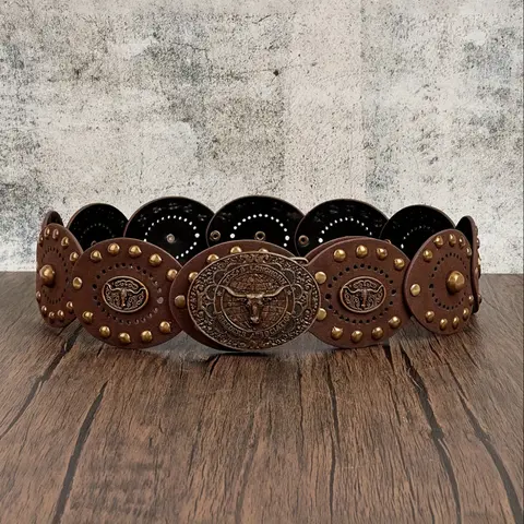 【Black Friday】Women's Western Cowboy Style Wide Belt, PU Leather Material, Antique Copper Rivets, Bohemian Carved Bull Head Buckle, Western Cowboy Belt, Cowgirl Boho Belt