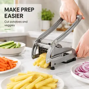 MIUVA Stainless Steel French Fry Cutter, Manual Potato Chipper with 36/46 Hole Blades, Suction Cup Base Vegetable Slicer Dicer for Potatoes, Onions, Carrots & Produce Prep Containers, Silver
