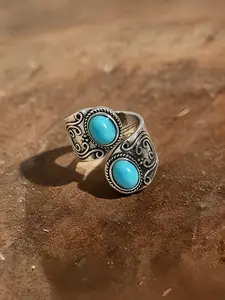 1pc Adjustable Open Boho Turquoise Ring, Vintage Silver Plated Swirl Pattern Western Fashion Accessory for Women, Daily Vacation Beach Party Gift, Viral Trendy Jewelry