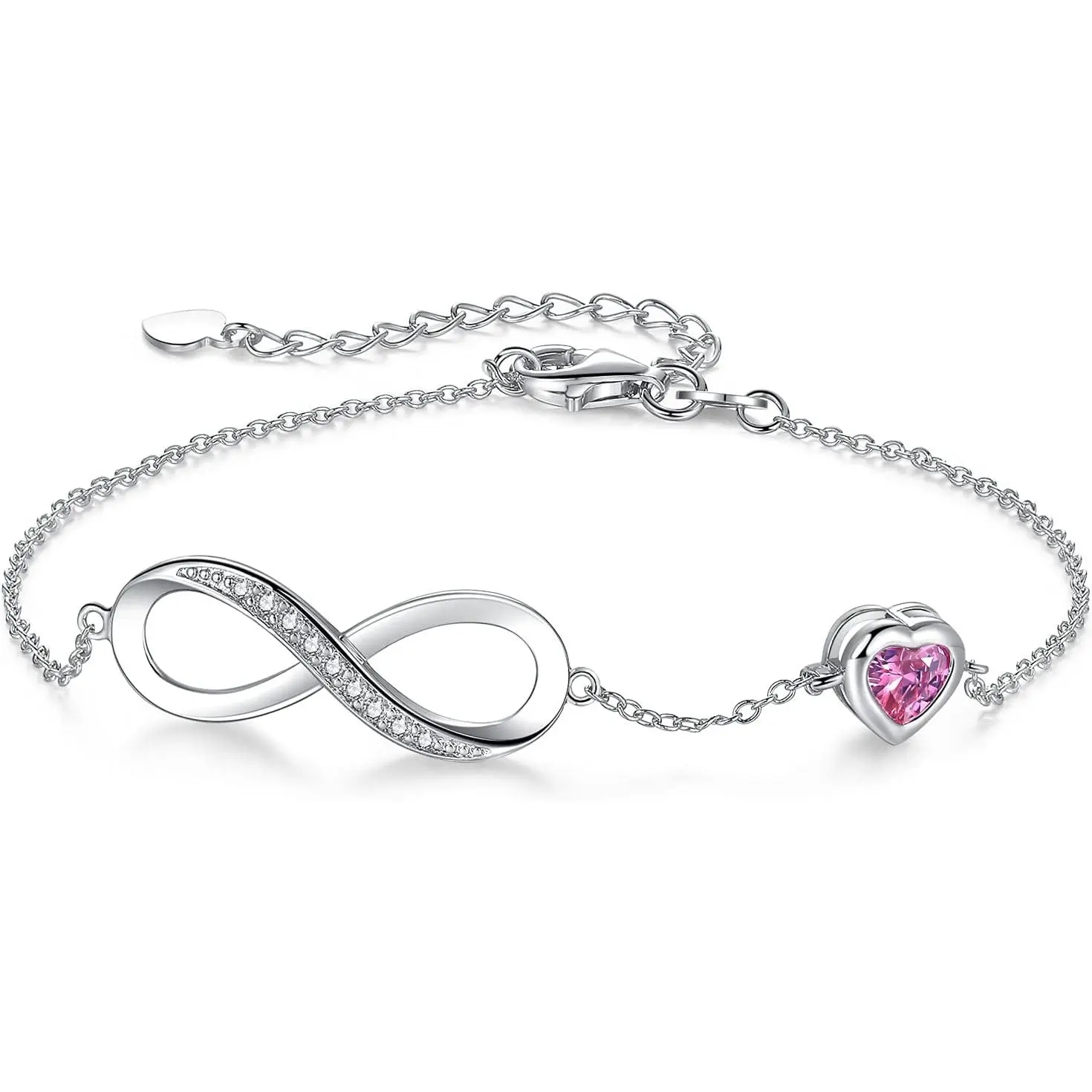 Birthstone  for Women,  Birth Stone Charm Bracelet Infinity with Cubic Zirconia, Adjustable Love Heart Chain  Gifts for Anniversary Christmas