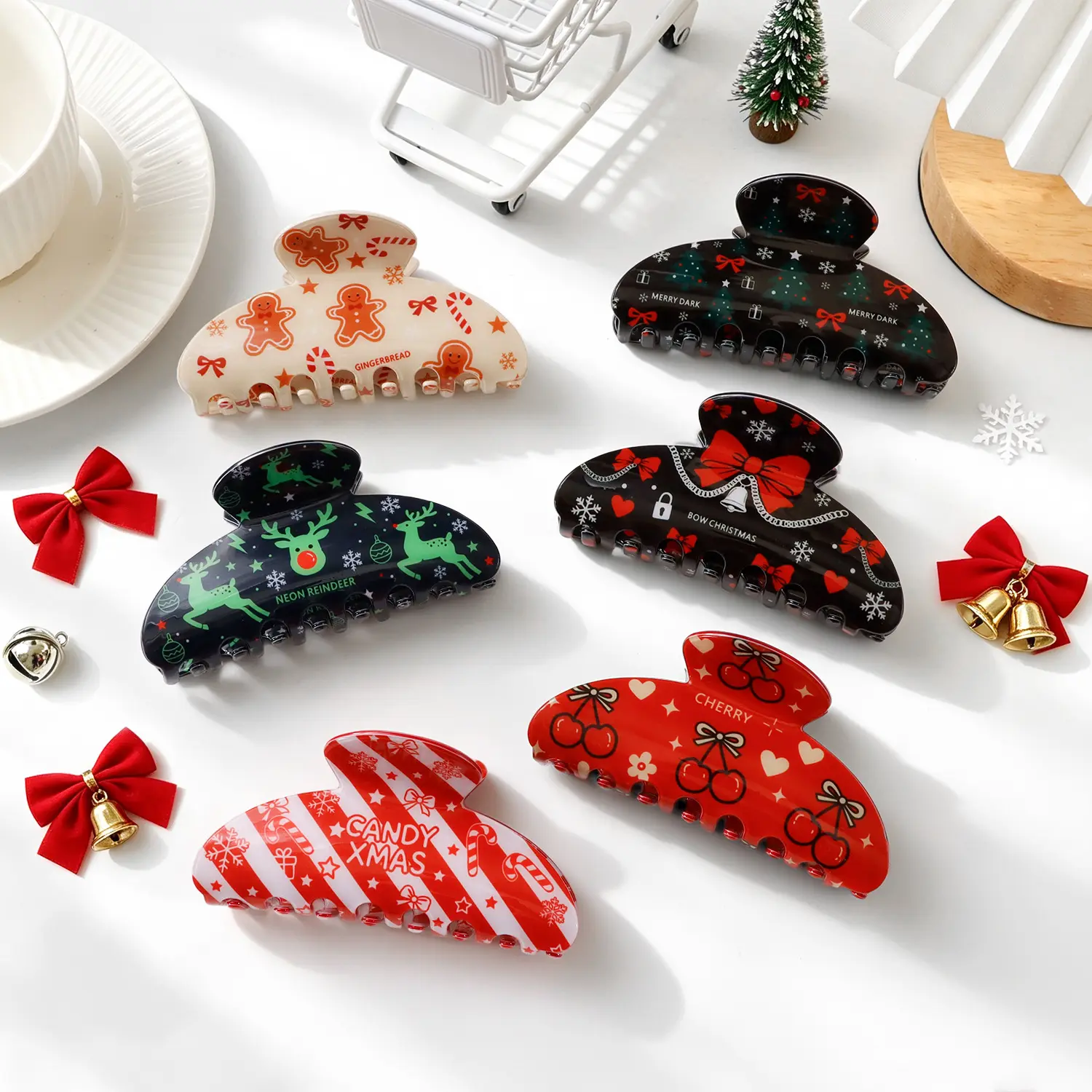 Christmas Gingerbread Reindeer Hair Claw Clip, Festive Print Large Shark Clamp, Strong Grip Resin Hair Accessory For Holiday Party Family Dinner Xmas Daily Outfit Styling