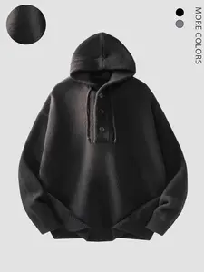 Men's Hooded Knit Sweater Pullover, Drawstring Half Button Front, Casual Fitted Striped Jumper for Fall & Winter, Unisex Streetwear Top