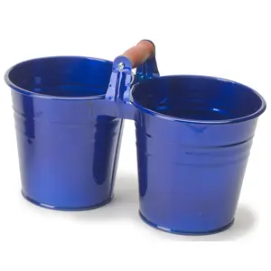 212 MAIN 2-Planter Unit, Enamel-Painted Galvanized Steel Garden Pots with Wooden Handle, Glazed Blue Watertight Planters for Indoor & Outdoor Home Use
