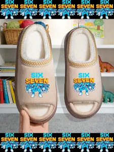 Four-Season Toe-Exposed Fleece-Lined Thick Sole Slippers, Warm Plush Home & Outdoor Anti-Slip Cotton Shoes, Casual Cartoon Pattern