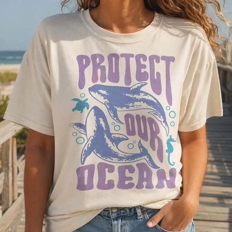 Protect Our Ocean Shirt Women Retro Orca Graphic Tee Plus Size Beach Vacation Top