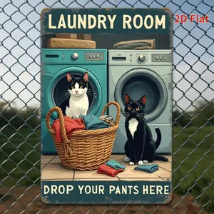 Vintage 2d Flat Metal Sign Featuring Washing Machine and Cat Design Perfect for Laundry Room Rustic Wall Decor