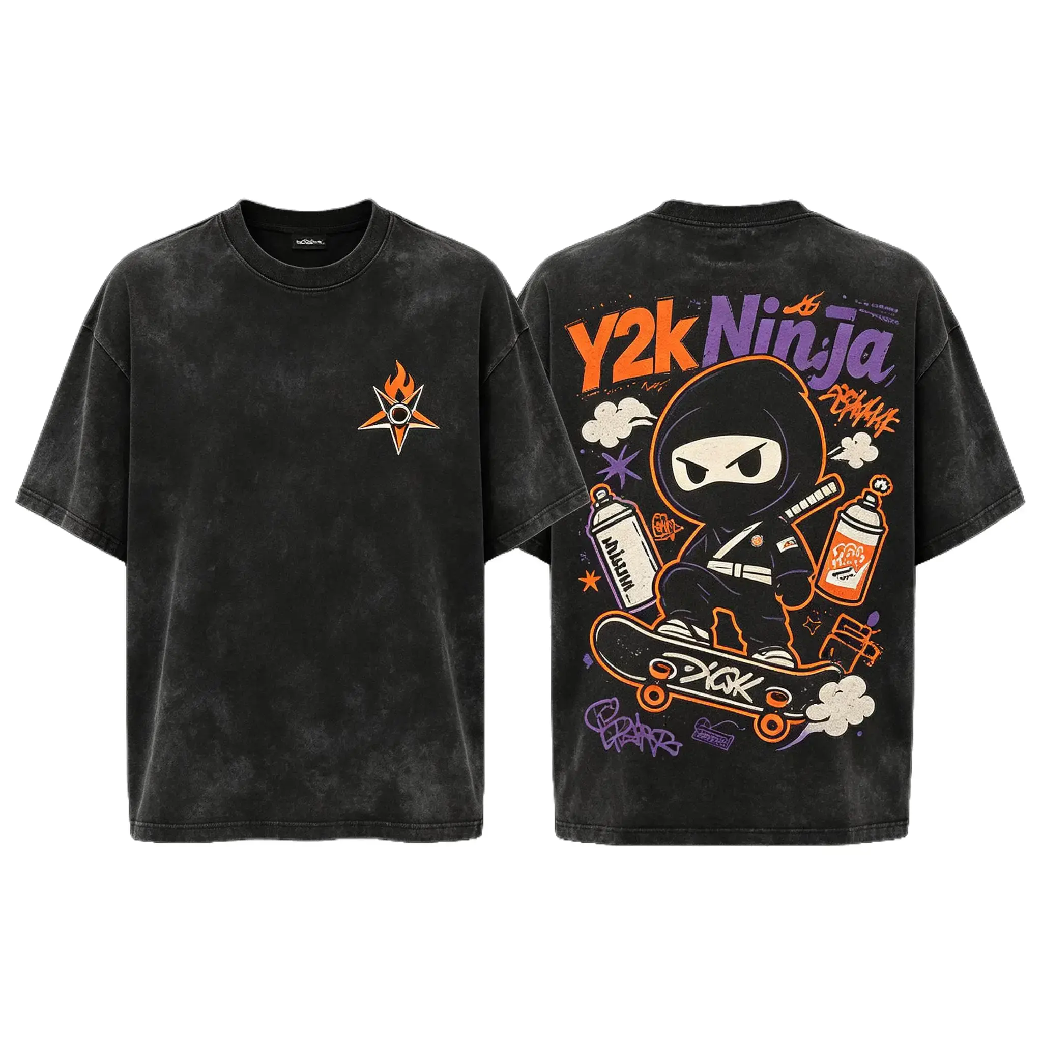 Vintage washed cotton t-shirt,Y2k ninja skateboard graffiti graphic,Front back dual print,Oversized loose fit,Skater streetwear,Hip hop casual top,Teen daily outfit,Outdoor fashion apparel,Casual streetwear top,Unisex couple t-shirt,design T-shirts.