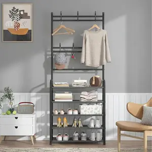 Multiple colors and sizes 5-Tier Coat And Shoe Rack Combo with 8 Hooks, Suitable for Entryways, This Shoe Rack Features a Double-Row Storage Design for Homes, Bedrooms, Offices. It Is a Freestanding Organizer That Can Hold Shoes, Clothes, Hats, And Bags