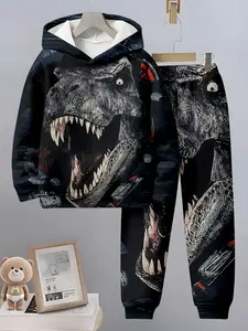 Boys Fashion Dinosaur Pattern 3D Print Hoodie Set, Long Sleeve Sports Wear, Spring Fall Winter Outdoor Hooded Sweatshirts