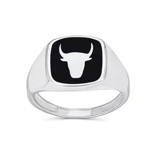 Mens Silver Ring with Black Onyx Gemstone and Longhorn Skull in Sterling Silver