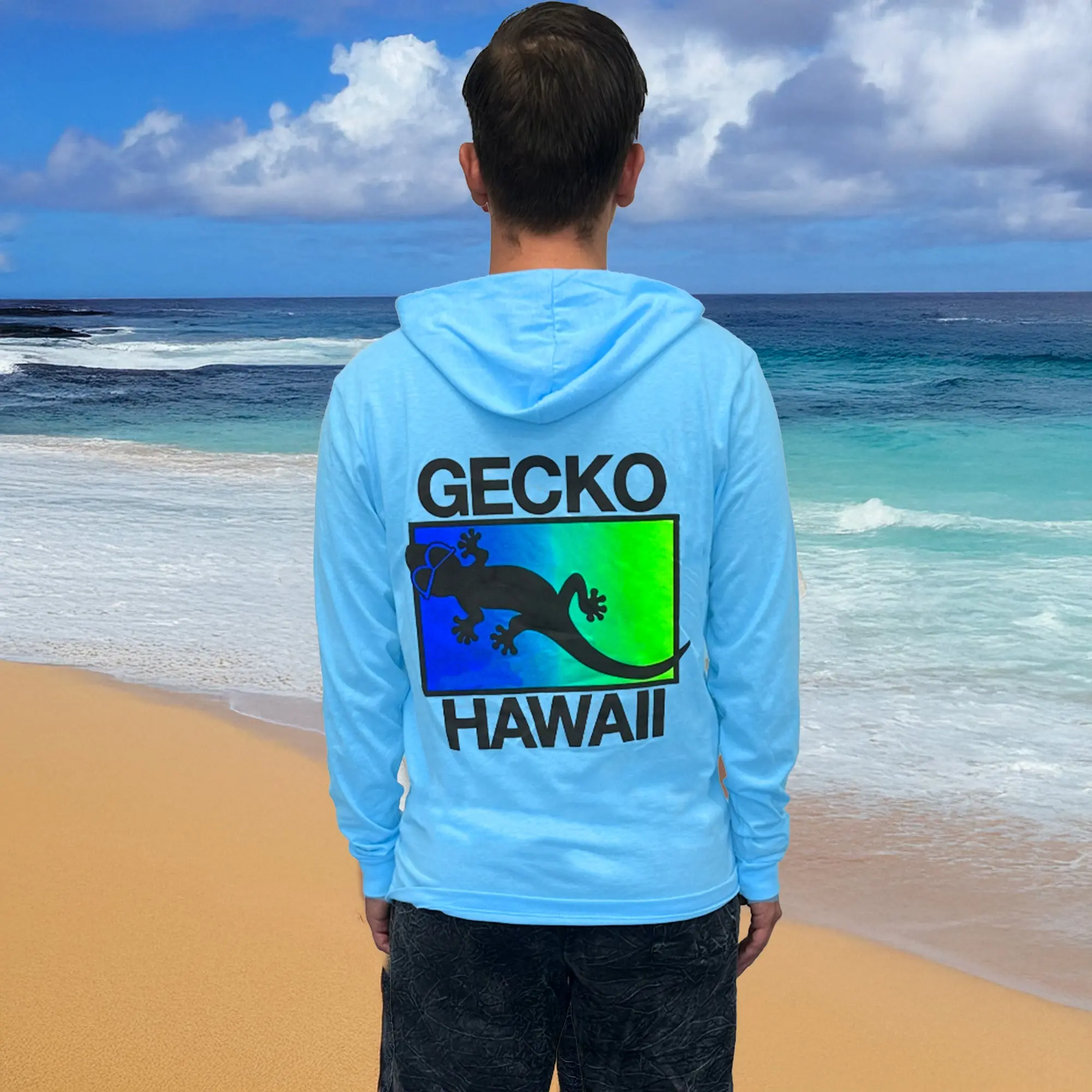 Gecko Hawaii Neon Drift - Neon Blue Frost HoodTEE  Unisex Fitted Long Sleeve Cotton Hooded Shirt with Original Gecko Artwork & Design Menswear T-Shirt