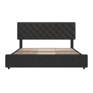【Christmas Gift】Queen Bed Frame with Adjustable Headboard and 4 XL Storage Drawers - Upholstered Linen Platform Bed  Modern Furniture Wood Slat Support 1000lb Capacity No Box Spring Needed Black
