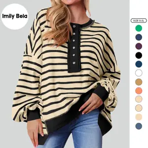 Imily Bela Womens Oversized Striped Sweatshirts Henley Shirts Color Block Casual Pullover Waffle Knit Tops