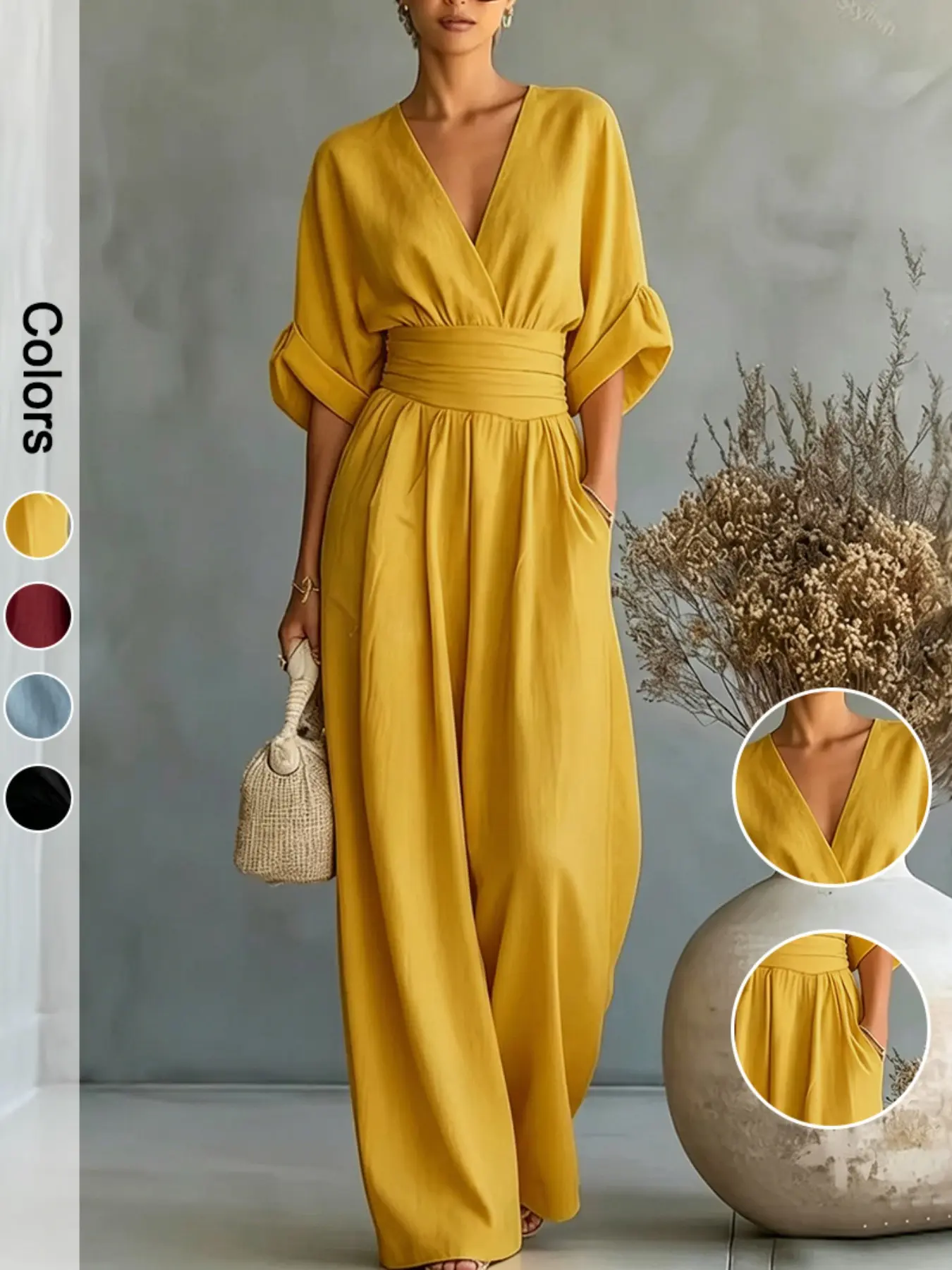 Elegant V-Neck Jumpsuit for Women, Summer Waist-Cinch Jumpsuit, All-Season Fashionable, Aesthetics, Chic and Comfortable Ladies' Clothing, Casual Jumpsuits
