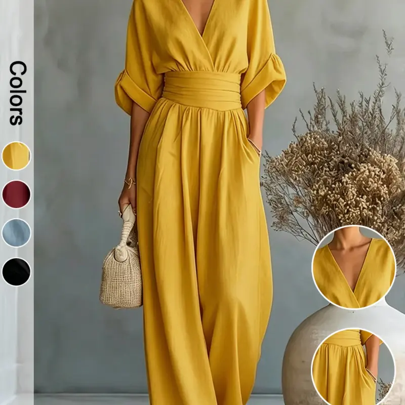 Elegant V-Neck Jumpsuit for Women, Summer Waist-Cinch Jumpsuit, Beach Holiday Jumpsuit, All-Season Fashionable, Aesthetics, Chic and Comfortable Ladies' Clothing, Casual Jumpsuits