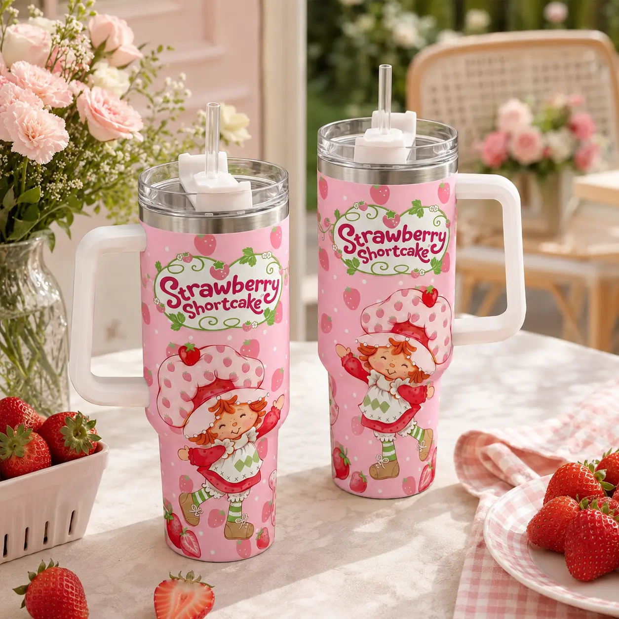 Strawberry Shortcake Inspired Tumbler, Cute Pink Retro 20-40oz Stainless Steel Cup With Black Handle, Double-Wall Insulated Travel Mug, Gift for Your Health