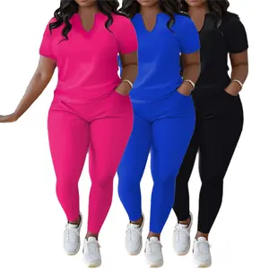 2pcs Plus Size Round Neck Set, Casual Sports Set Crew Short Neck  Sleeve Top & Long Pants Outfits, T-Shirt & Long Trousers Sporty Suit Women'S Activewear Women'S Clothing
