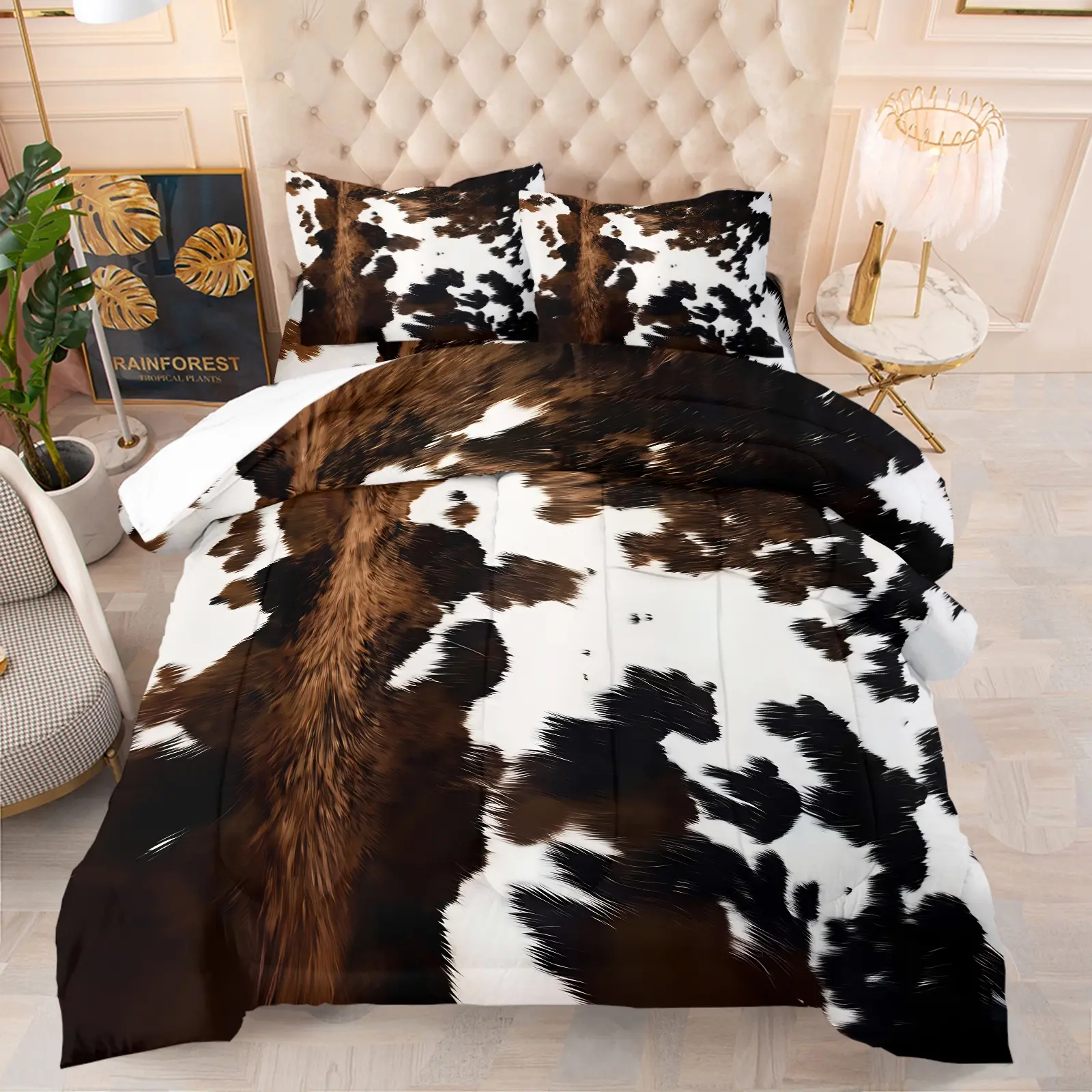 Vintage Western Boho Cowhide Print Quilted Comforter Set, Includes 1 or 2 Pillowcases, Soft And Breathable Fabric, Boho Farmhouse Quilt Set All Size, Brown Black Cow Fur Print Bedding Perfect For American Western And Boho Bedroom Decor